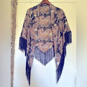 Paisley Fringe Shawl, Navy/Pink/White Design, Wear Open or Tied